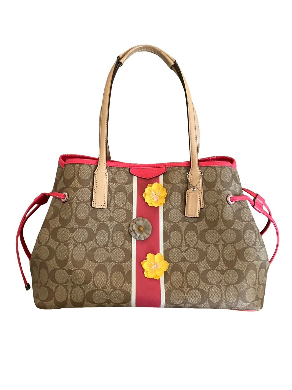 EXCELLENT CONDITION! COACH LARGE SIGNATURE STRIPE DRAWSTRING CARRYALL W FLOWERS
